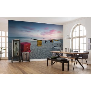 Vlies Fototapete Ostseetraum mit Strandkörben und Sonnenuntergang im Wohnraum.