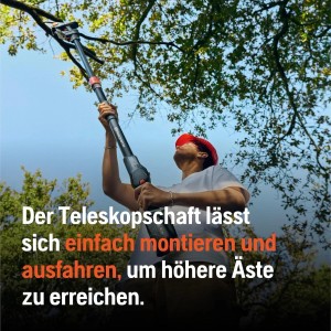 Mann schneidet Äste mit Husqvarna Akku-Kettensäge Aspire PE5-P4A mit Teleskopstiel.