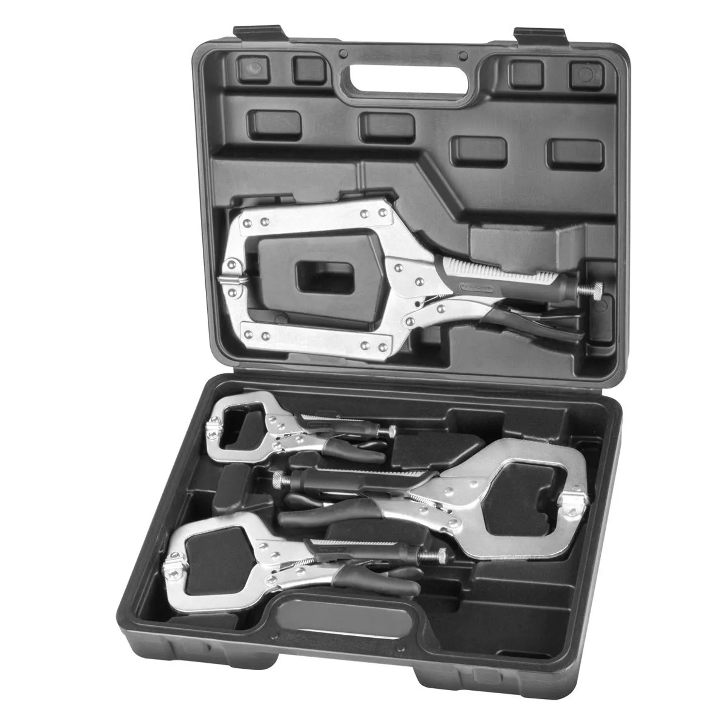 STAHLWERK Gripzangen Set 4-teilig C-Form in schwarzem Transportkoffer. Silberne Klemmzangen mit schwarzen Griffen.