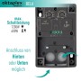 Oktaplex Bela Dämmerungsschalter, anthrazit, IP65 für Außen, Detailansicht der Rückseite mit Anschlüssen und Einstellmöglichkeiten.