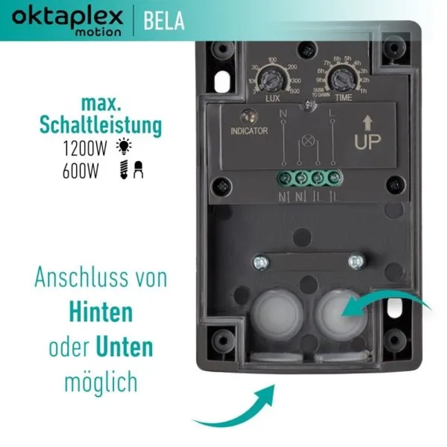 Oktaplex Bela Dämmerungsschalter, anthrazit, IP65 für Außen, Detailansicht der Rückseite mit Anschlüssen und Einstellmöglichkeiten.