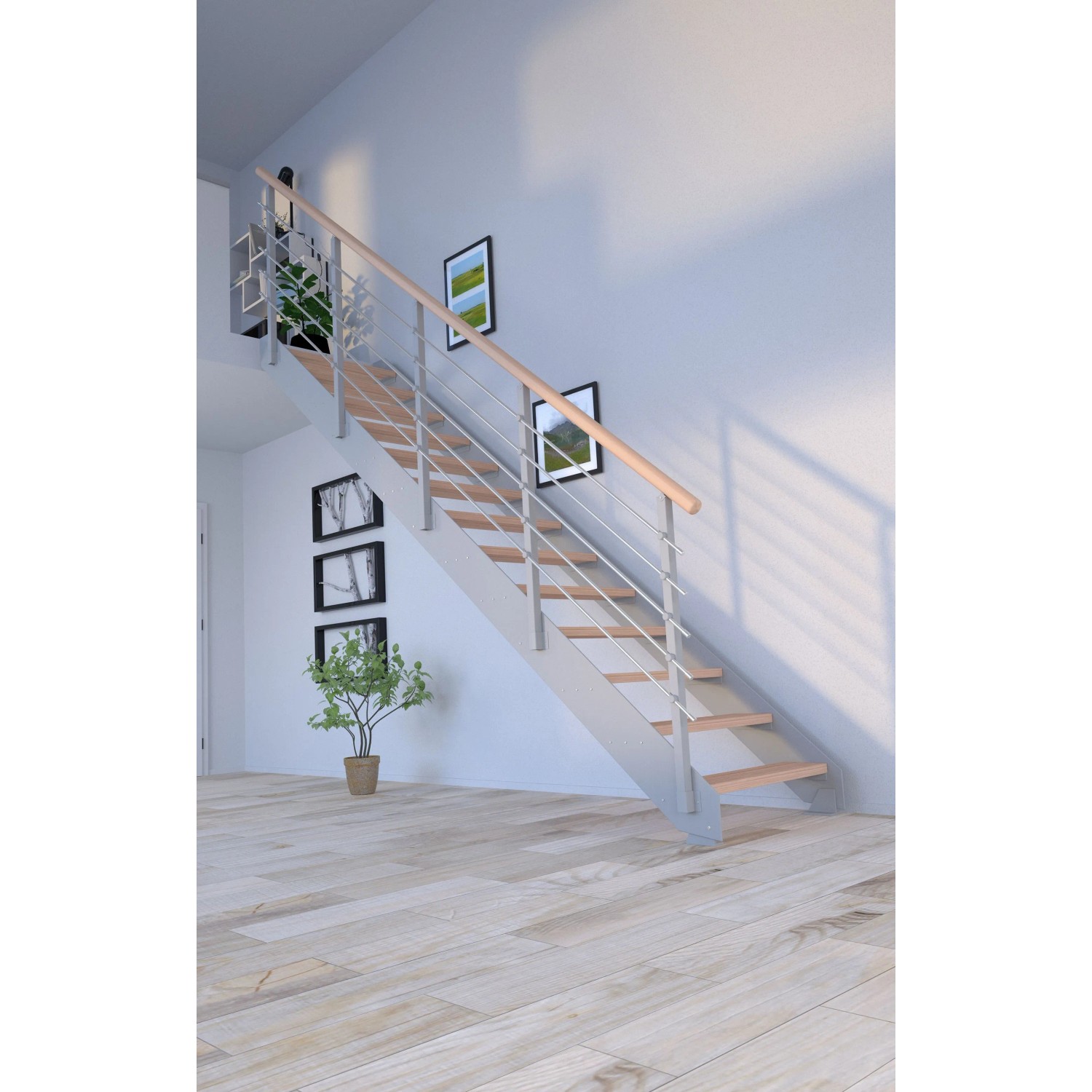 Moderne Treppe Kos mit 11 Buchenholzstufen, grauem Metallgeländer und Edelstahlstäben.