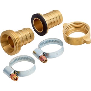 Schlauchverbinder Set, Ø 19 mm, aus Messing mit zwei Schlauchschellen zur sicheren Schlauchreparatur.