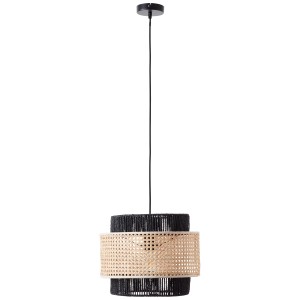Moderne Pendelleuchte Arles mit Rattan-Schirm, schwarz-naturfarben, für Wohnraumbeleuchtung.