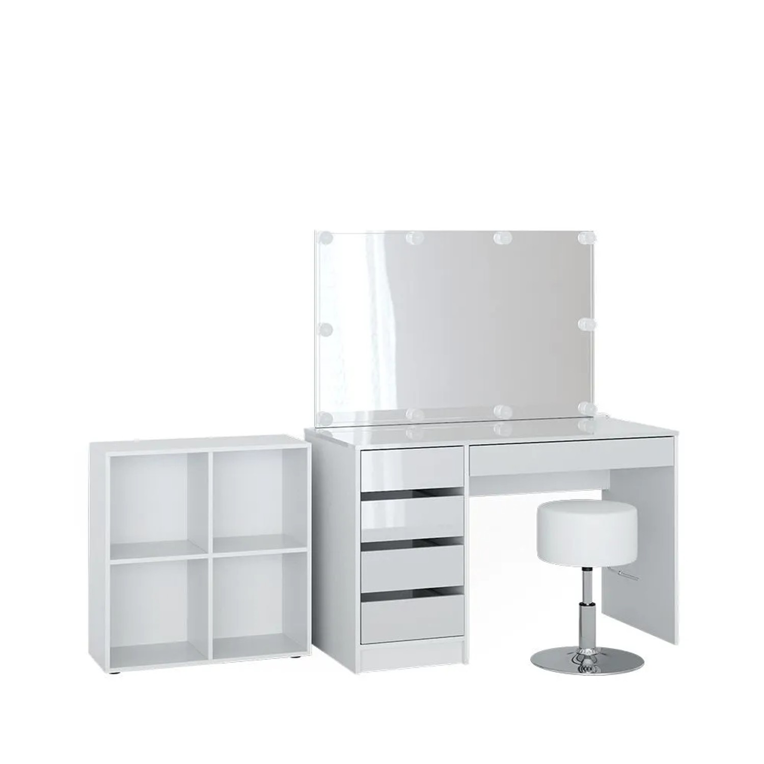 Vicco Schminktisch Sherry Weiß 120 x 145 mit Spiegel, LED-Lichterkette, Hocker und Standregal