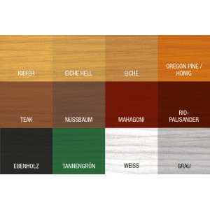 Farbmuster der Bondex Dauerschutz-Lasur: Kiefer, Eiche, Teak, Nussbaum, Mahagoni, Ebenholz, Tannengrün, Weiss und Grau.
