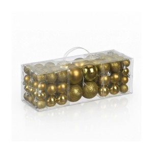 76 goldene Weihnachtskugeln aus bruchsicherem Kunststoff in transparenter Box. Matt, glänzend, glitzernd für Christbaumdeko.