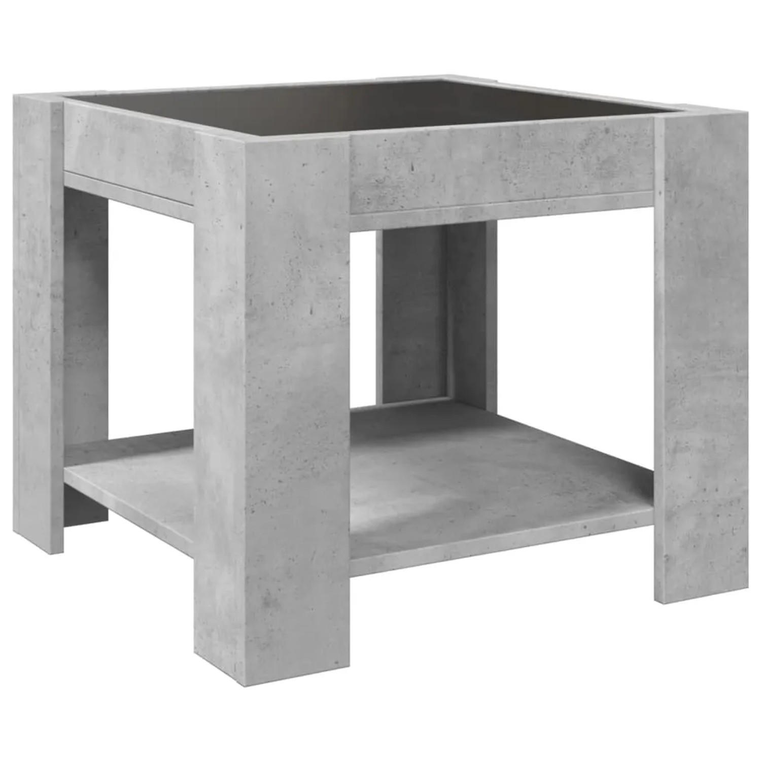 Quadratischer, betongrauer LED-Couchtisch (53x53 cm) aus Holzwerkstoff mit Ablage.