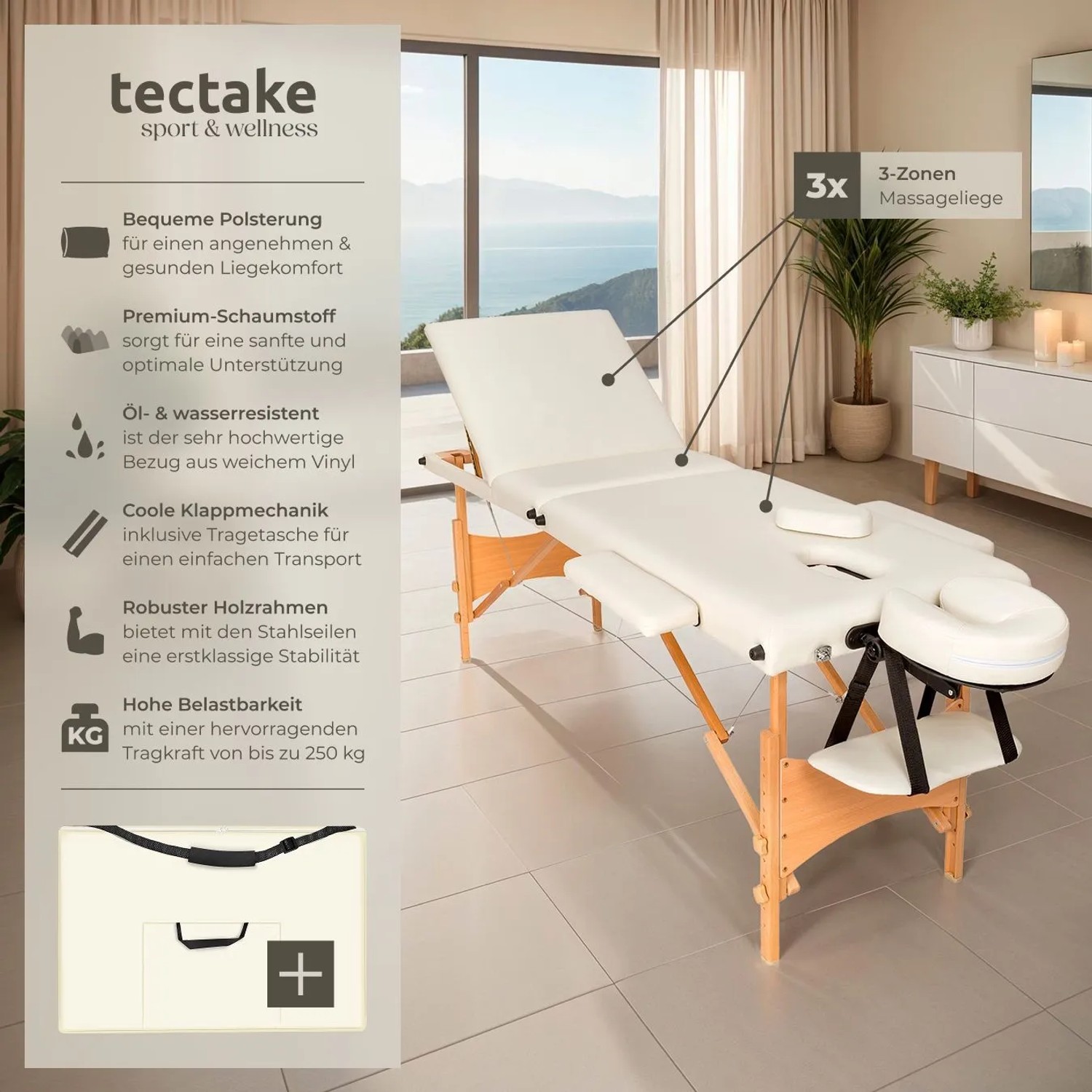 Tectake 3 Zonen Massageliege Daniel Breite 60 cm  Polsterung 5 cm Inklusive Tragetasche  185 x 60 x 62 cm Beige_2