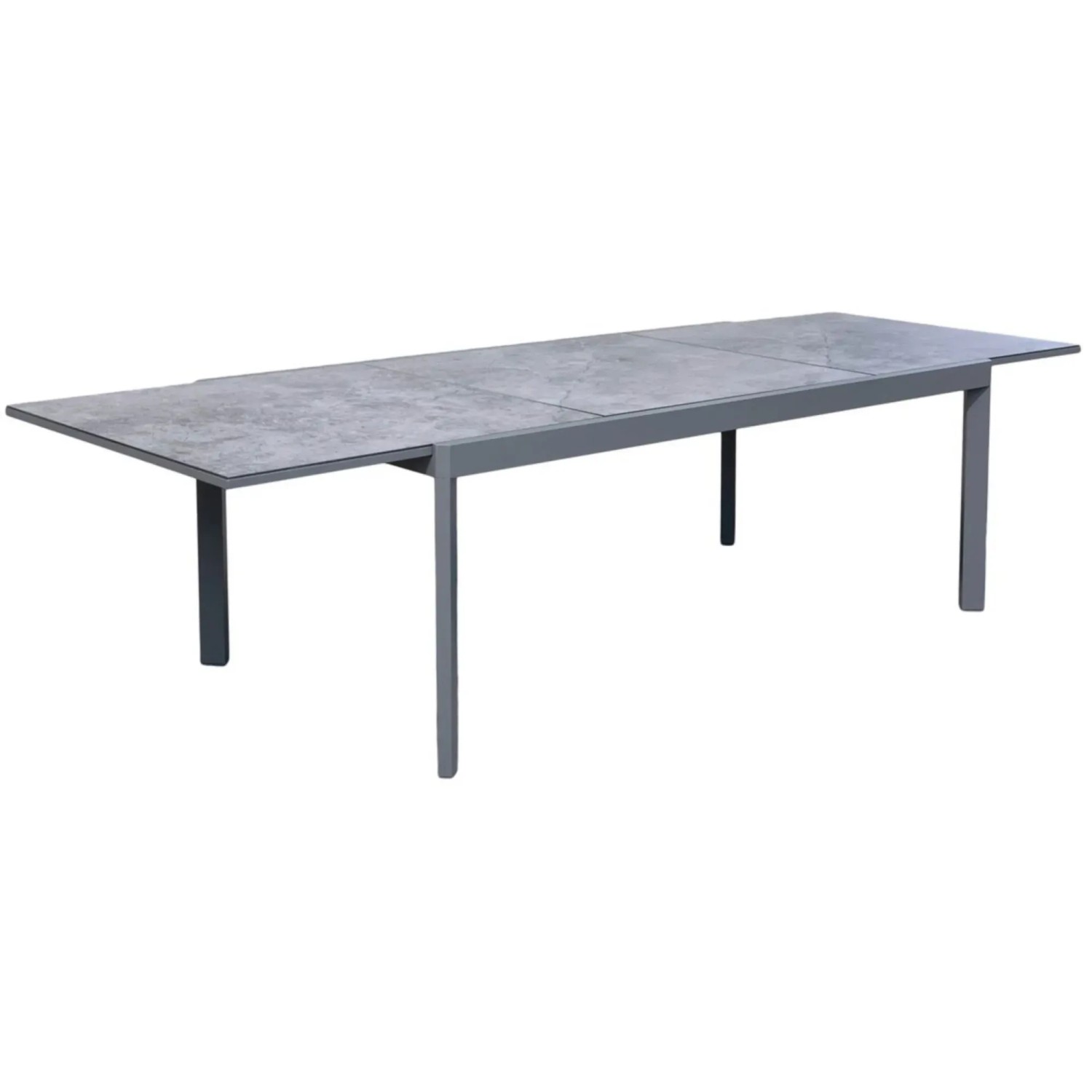 Rechteckiger, ausziehbarer Gartentisch von Garden Pleasure mit grauer Keramik-Tischplatte und Aluminiumgestell.