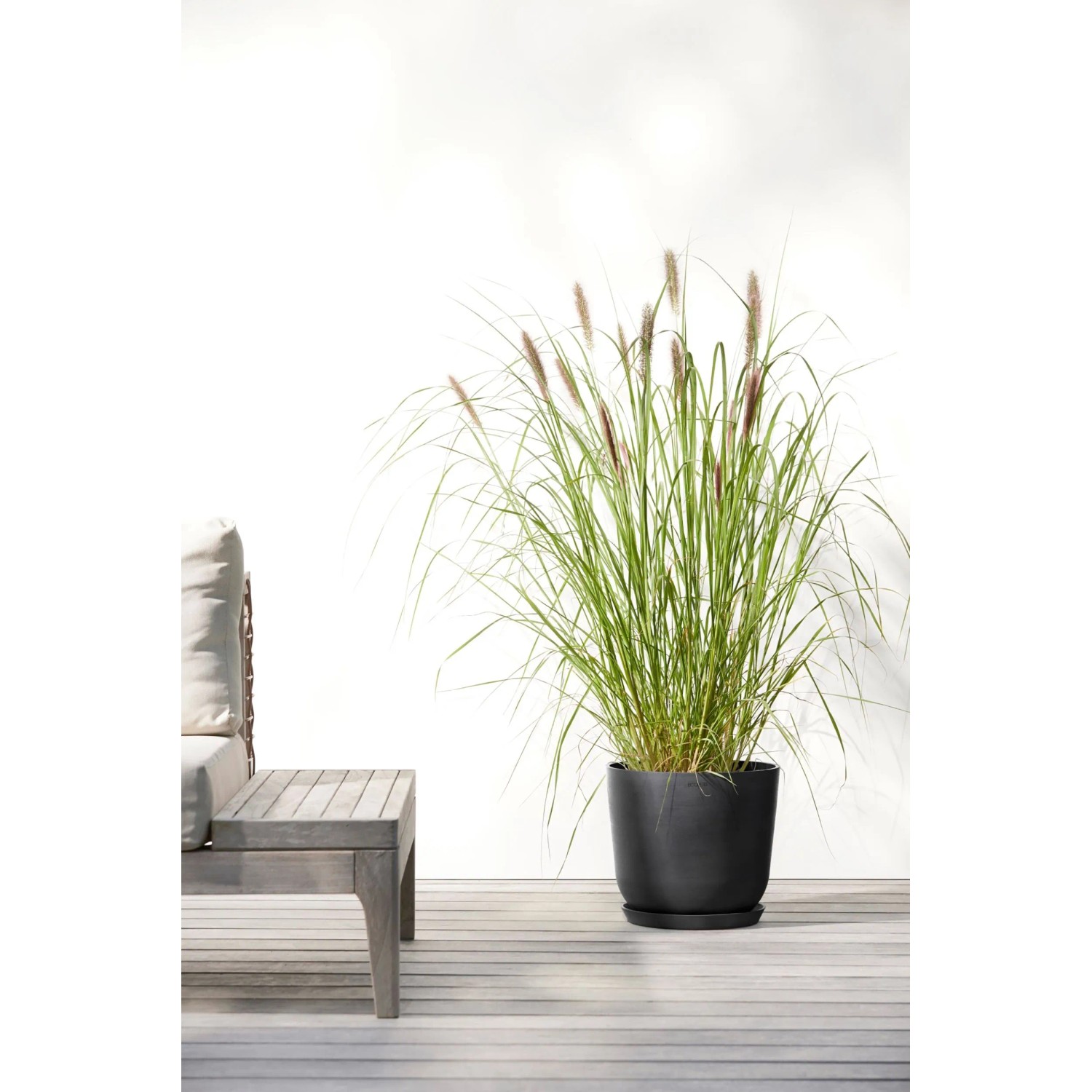 Dunkelgrauer Ecopots Pflanztopf Oslo 25 cm mit Ziergras auf Terrasse.