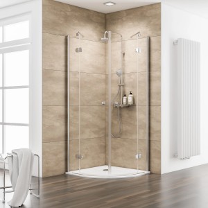 Schulte Runddusche MasterClass, 80x80x200 cm, mit Drehtüren und Chrom-Details im Badezimmer.