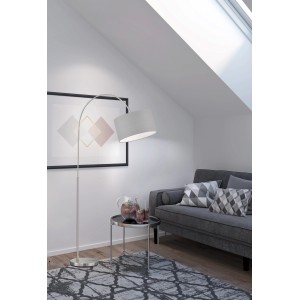 Fischer & Honsel Bogenleuchte Arc, 3-flammig, Nickel/Grau, Stoffschirm, Design-Stehlampe für Wohnzimmer.