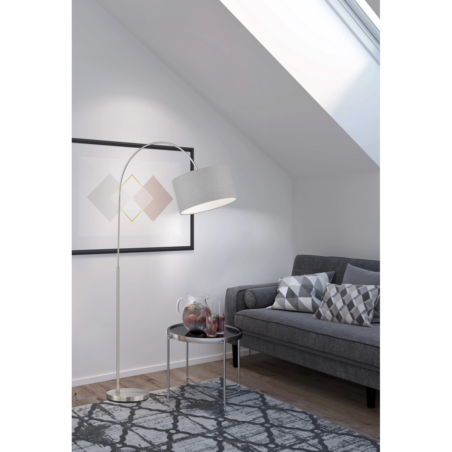Fischer & Honsel Bogenleuchte Arc, 3-flammig, Nickel/Grau, Stoffschirm, Design-Stehlampe für Wohnzimmer.