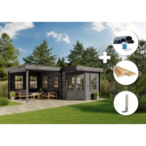 Graues Alpholz Gartenhaus Set Pepe 5-Eck mit Dacheindeckung und Fußboden.