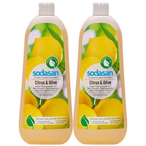Zwei beige Sodasan Citrus-Olive Flüssigseifen 2x1L aus Kunststoff. Milde Pflanzenölseife für Hände und Körper.