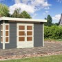 Terragraues Karibu Holz-Gartenhaus Kastberg mit Flachdach und Doppeltür. Ideal als Gerätehaus.