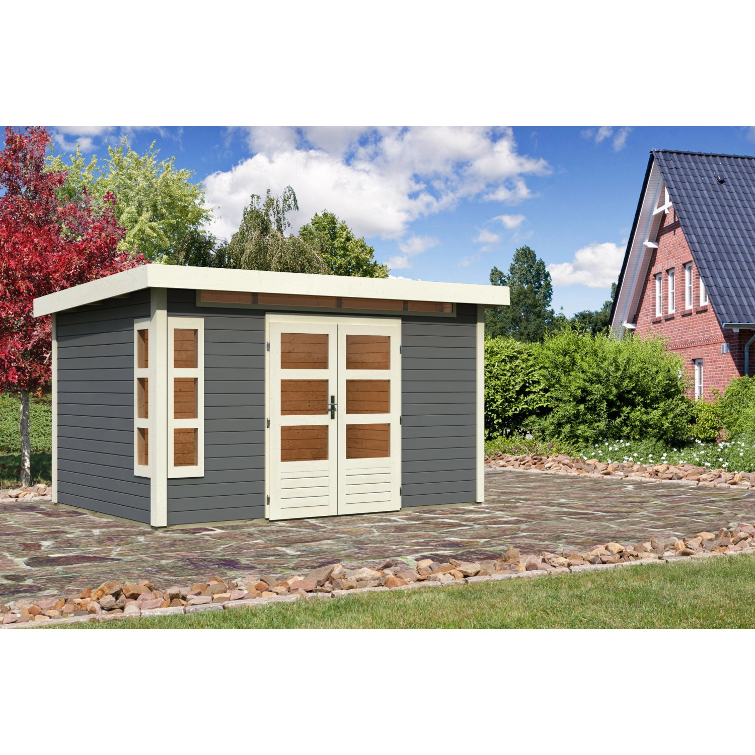 Karibu Holz-Gartenhaus/Gerätehaus Kastberg Terragrau Flachdach Lackiert 360 cm x 240 cm