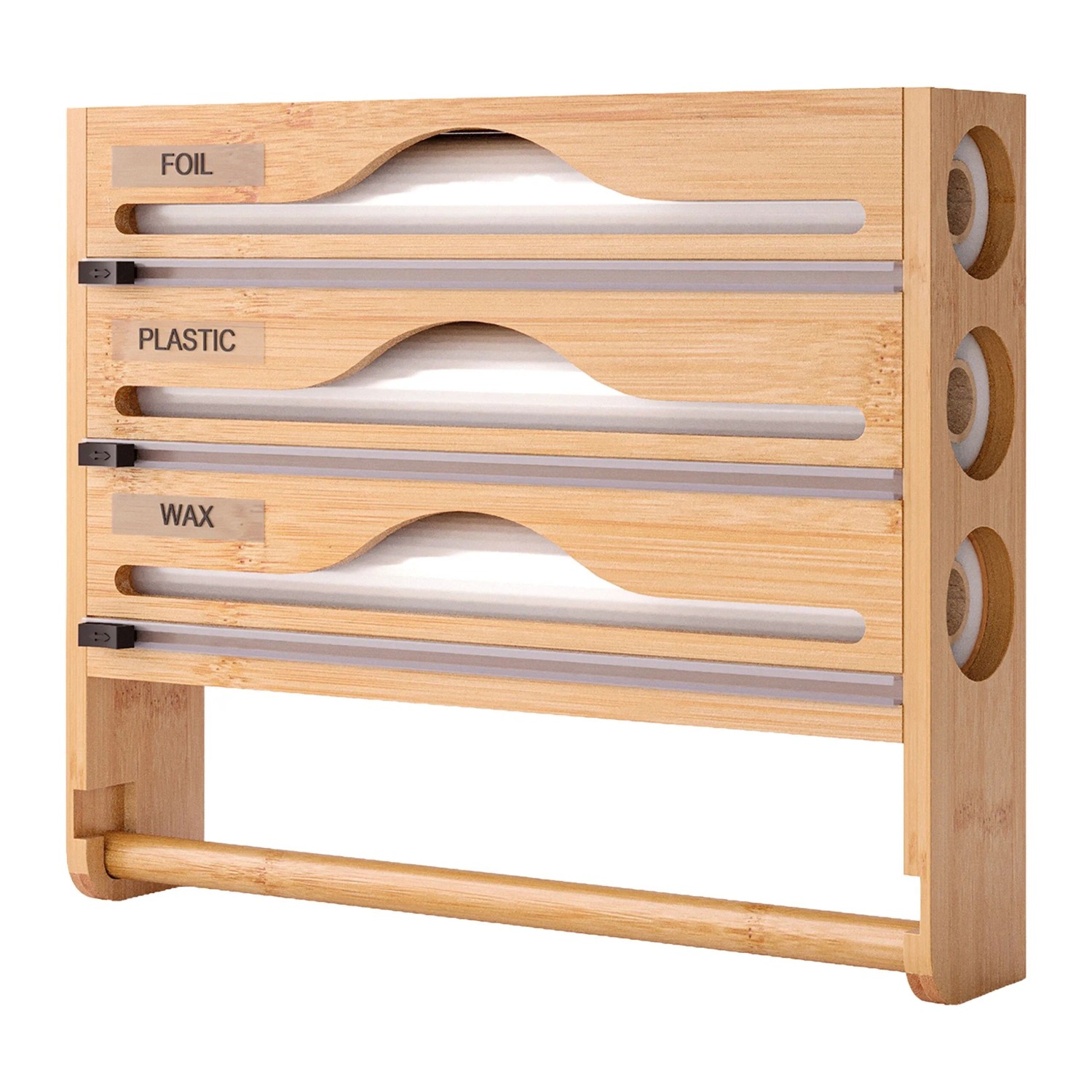 Relaxdays Wandrollenhalter Bambus Natur 4 in 1 Mit Schneider 30 cm x 35,5 cm x 7 cm