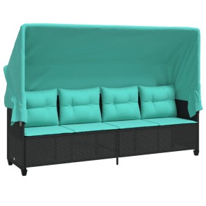 Schwarze vidaXL Sonnenliege mit Dach und türkisen Kissen aus Polyrattan.