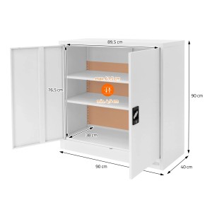 Weißer ML-Design Aktenschrank aus Stahl, 90x40x90 cm, mit offenen Türen und zwei verstellbaren Einlegeböden.
