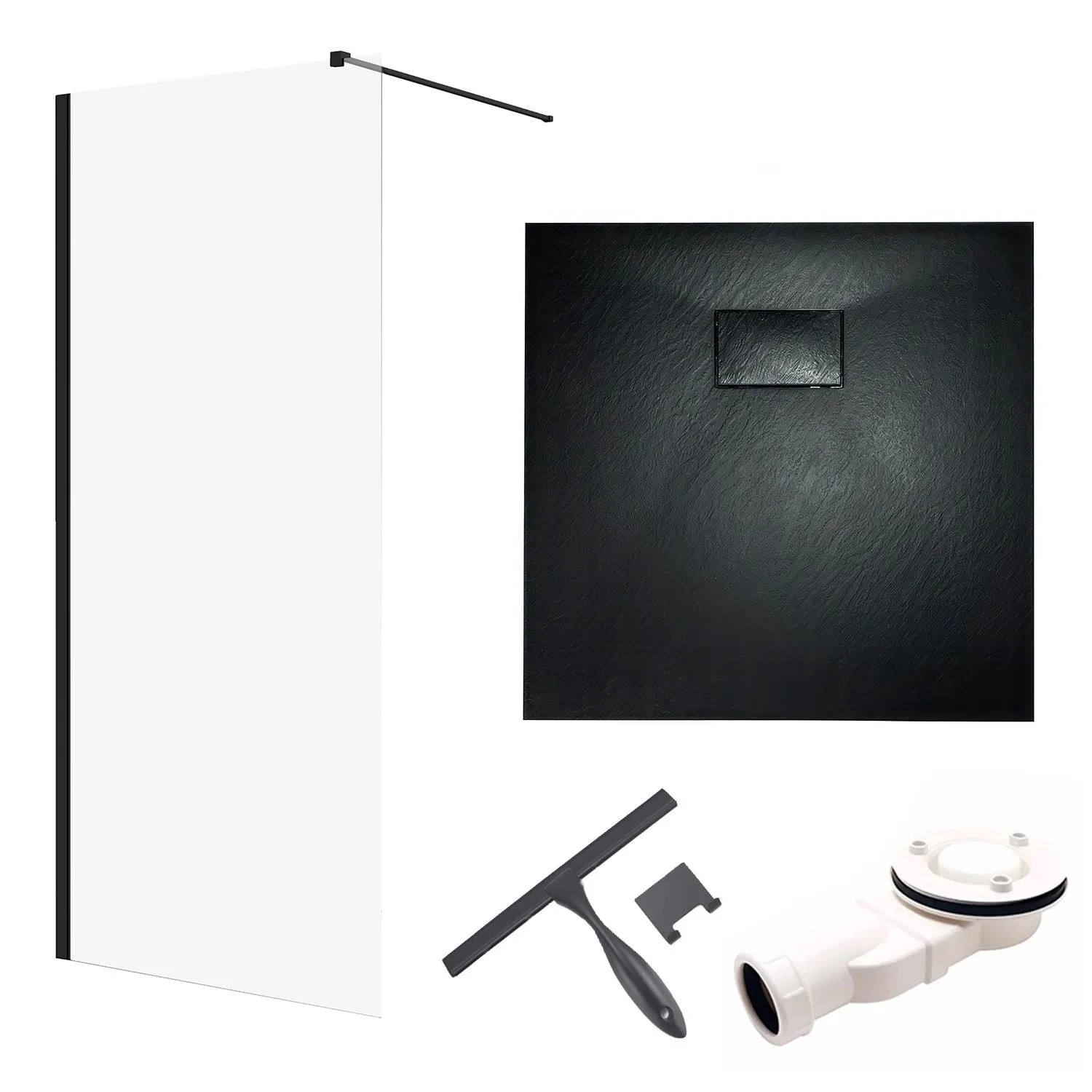 KOLMAN Duschset Walk-In Duschwand 90 x 195 Cm Mit Duschwanne 90 x 90 Cm Mit Zusätzlicher Seitenwand Schwarz/Schwarz