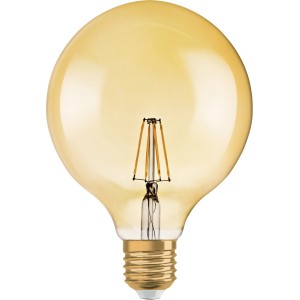 Osram LED-Leuchtmittel E27 in Globeform mit warmem, goldenem Licht für Wohnräume.