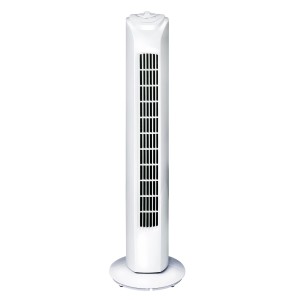 Weißer Turmventilator, 81 cm hoch, mit schwarzen Lüftungsschlitzen. Ventilator für eine angenehme Kühlung.