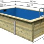 Rechteckiger Karibu Holzpool mit Leiter und blauer Innenfolie, Maße sind eingezeichnet.
