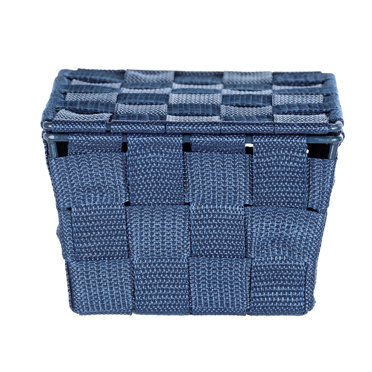 Dunkelblauer Wenko Aufbewahrungskorb Adria mit Deckel, Flechtoptik, 19x10x14 cm.