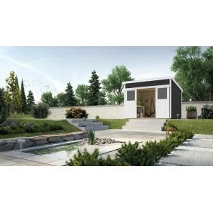 Modernes, lasiertes Weka Holz-Gartenhaus Turin mit Pultdach im Garten.
