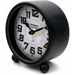 Schwarze Wall-Art Tischuhr im Shabby Chic Stil, Ø 13 cm. Vintage-Look für Tisch oder Regal.