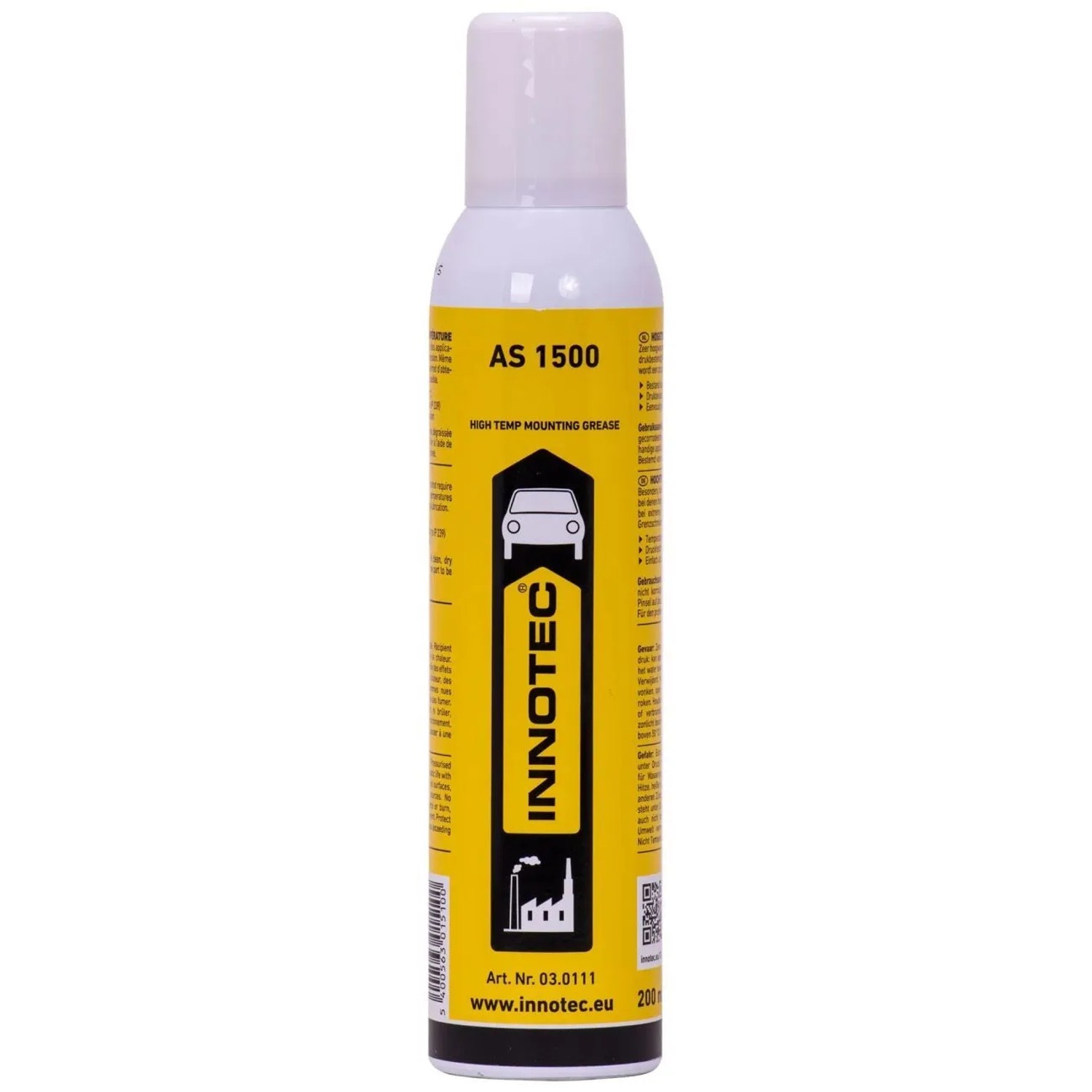 Weiße Innotec AS 1500 Schmierfett Spraydose, 200 ml, mit gelbem Etikett. Hochtemperaturbeständiges Schmierfett für Montage.