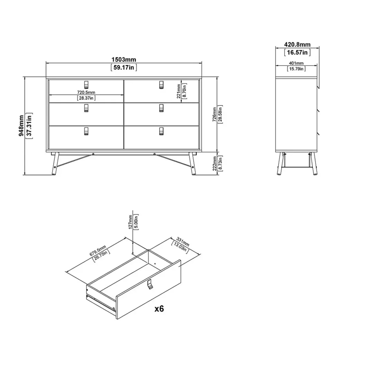 Technische Zeichnung: Breite, matte Kommode „Rye“ mit 6 Schubladen und Maßangaben.