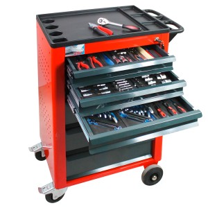 Roter PROREGAL Werkstattwagen Cheetah mit 115-teiligem Werkzeugset und 6 Schubladen.