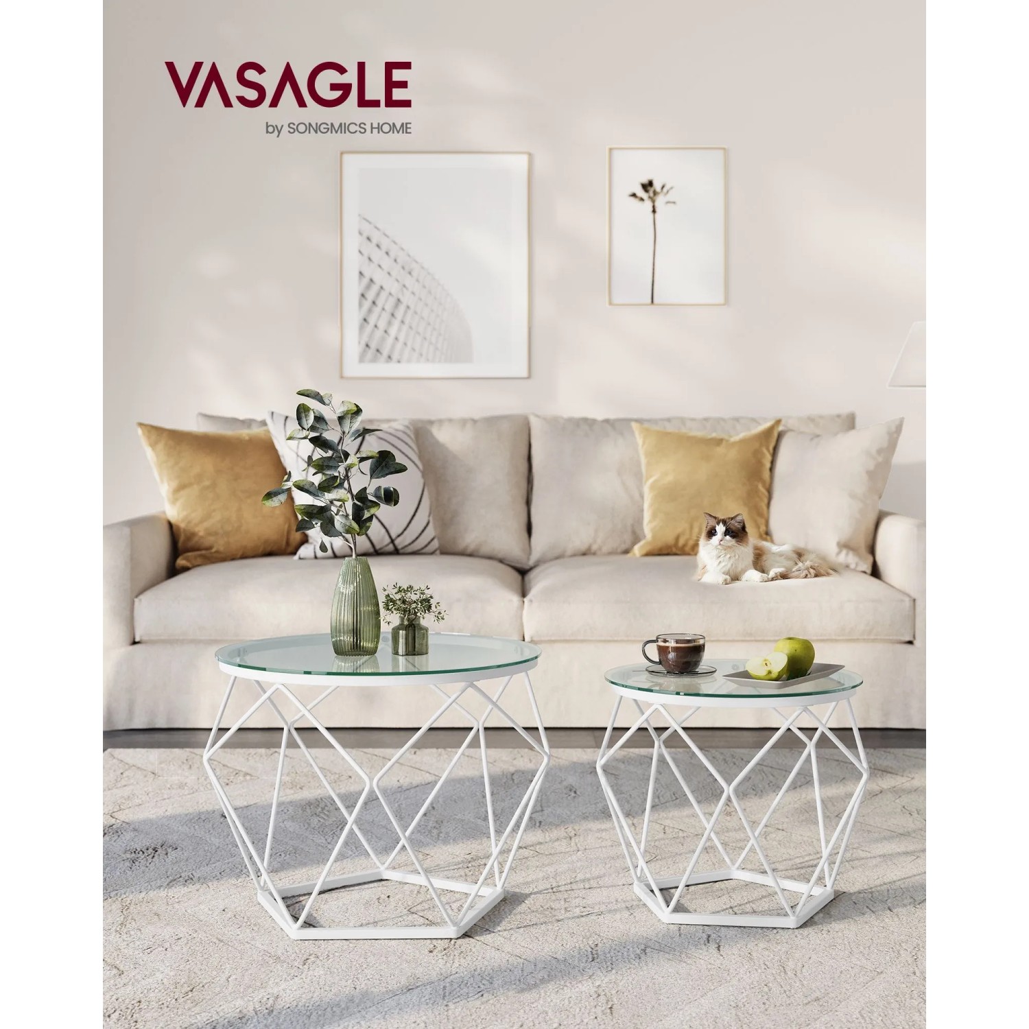 Vasagle Wohnzimmertisch 2er Set, rund, weiß-transparent, Glasplatte, Metallgestell.
