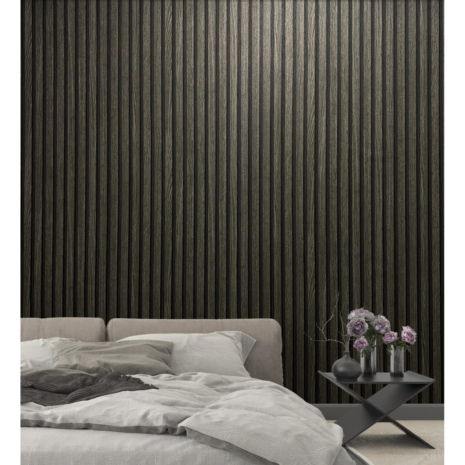 Marburg Vliestapete Botanica 2 mit Holzoptik in Schwarz-Anthrazit im Schlafzimmer.