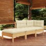 3-teiliges Garten-Lounge-Set aus Kiefernholz mit creme Kissen.