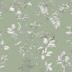 Laura Ashley Vliestapete Elderwood Sage mit Blüten und Vögeln auf salbeigrünem Grund.