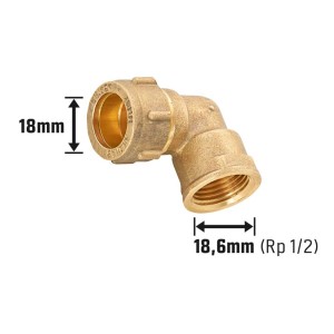 Klemm-Winkel aus Messing, 18 mm x 18,6 mm (Rp 1/2), für Kupferrohrverlegung.