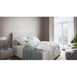 Schlafzimmer mit Rasch Vliestapete Trianon XIII 570557, Ornament in Taupe, klassisch und elegant.