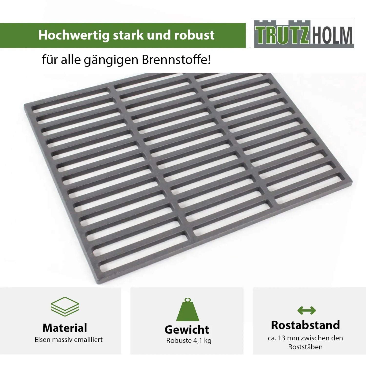 Rechteckiger, emaillierter TRUTZHOLM Grillrost aus Gusseisen, 45x30 cm, für Grills und Feuerstellen.