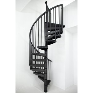 Anthrazitfarbene Minka Spindeltreppe Rondo Color, Metalltreppe für Innenräume.