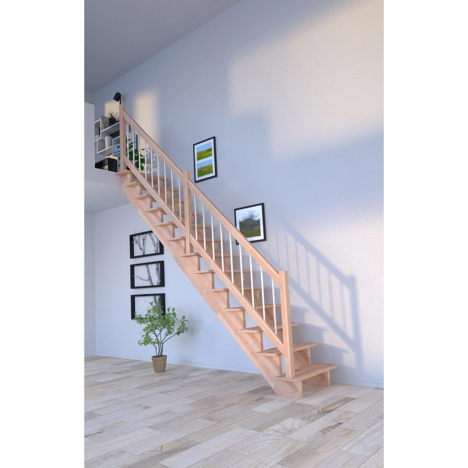 Helle, gerade Buchetreppe Lindos mit Edelstahlgeländer, 80 cm breit, für den Innenbereich.
