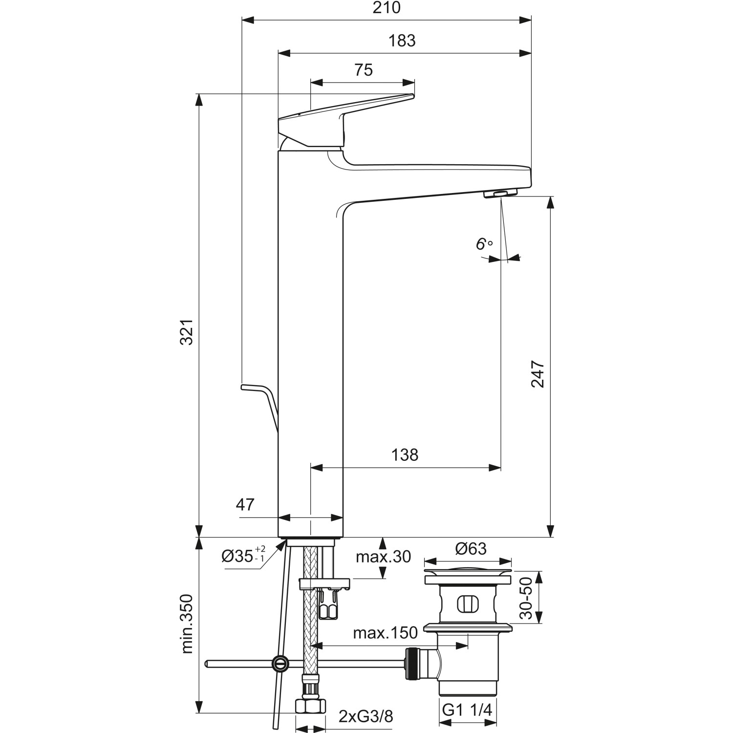 Technische Zeichnung: Ideal Standard Ceraplan Waschtischarmatur, Chrom, Maße und Anschlüsse