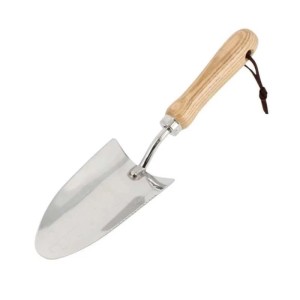 Galaflor Pflanzkelle aus Edelstahl mit Holzgriff, gezahnter Klinge und Tiefenmarkierungen für Gartenarbeit.
