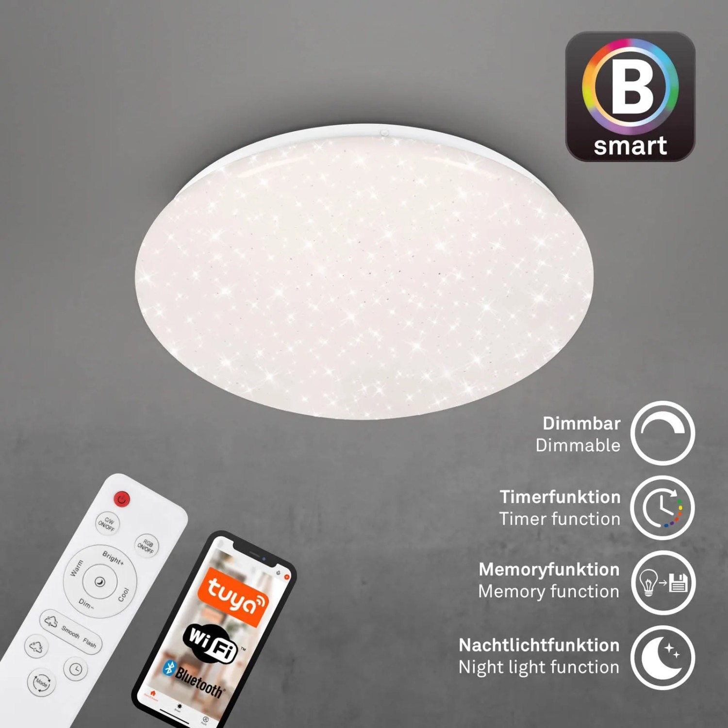 Dimmbare LED-Deckenleuchte Barny S von Brilo mit Sternendekor, Fernbedienung und Smartphone Steuerung.