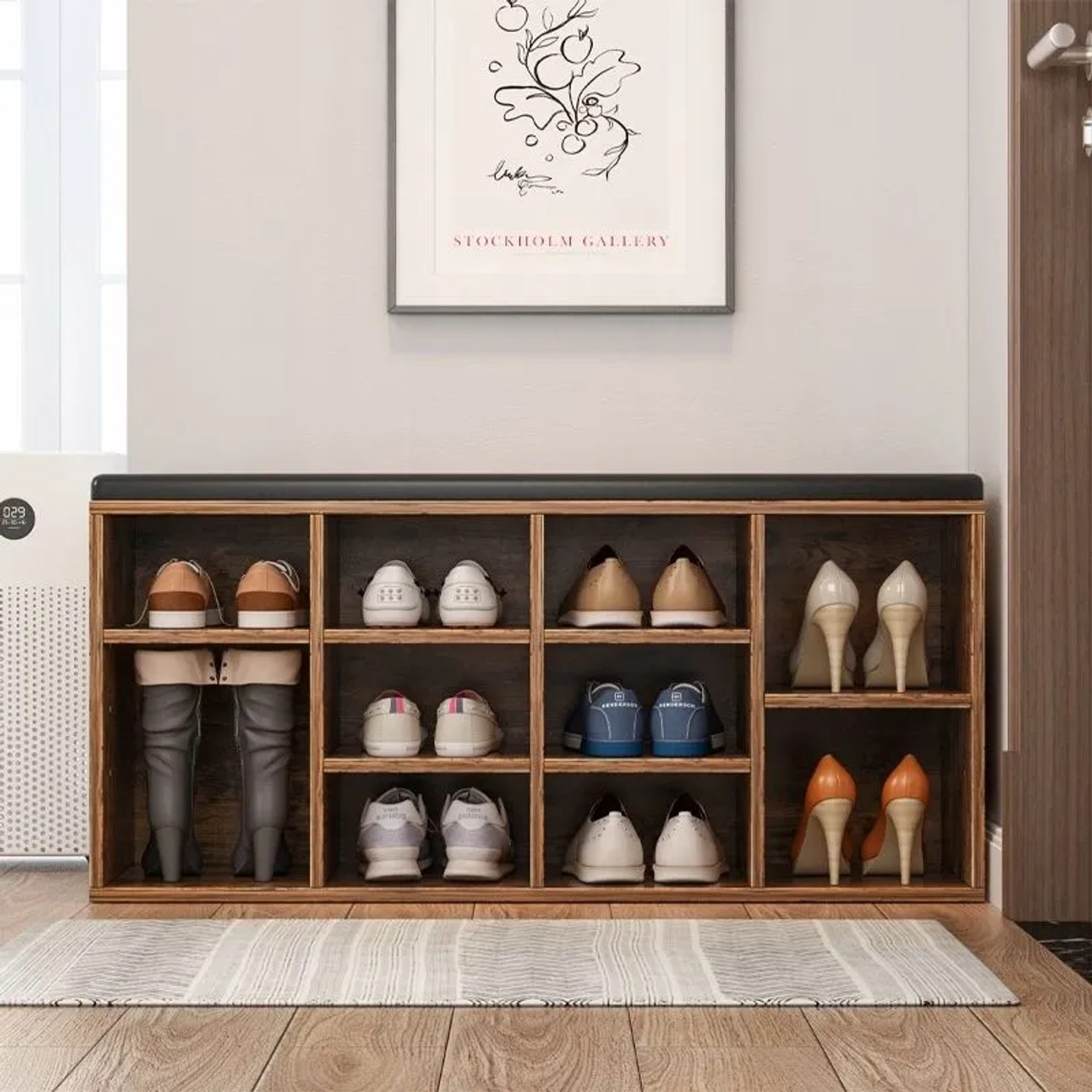 Rebiko Schuhschrank mit Sitzbank, rustikal braun, 104 cm breit. Schuhregal im Loft Stil.