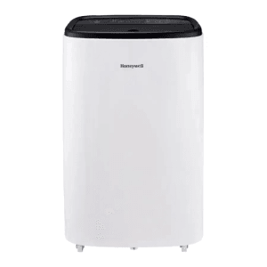 Weiße Honeywell mobile Klimaanlage mit schwarzem Bedienfeld und Rollen. Kühlt, ventiliert und entfeuchtet Räume.