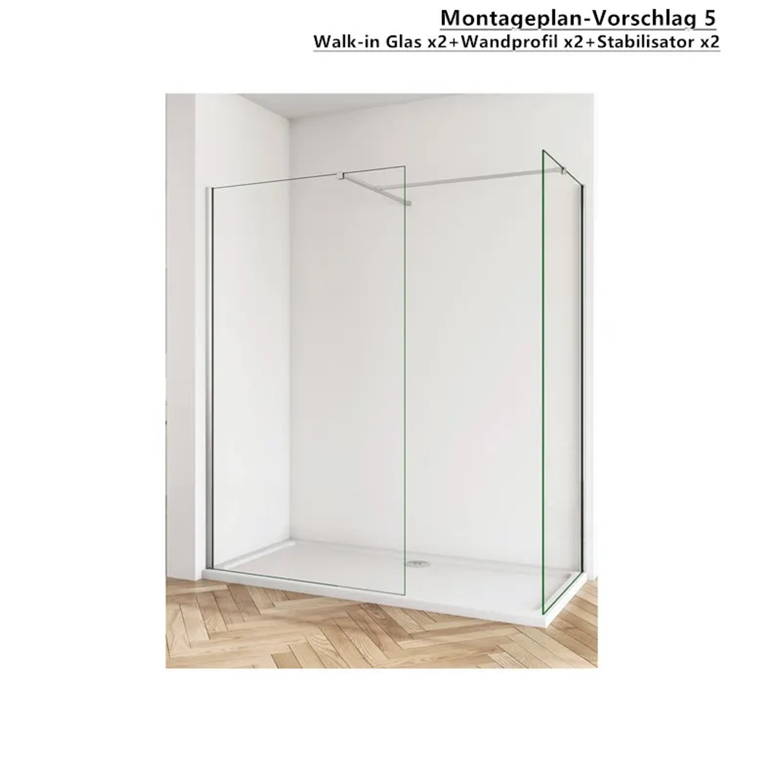 Walk-In Dusche mit Klarglas Seitenwand und Stabilisierungsstange.